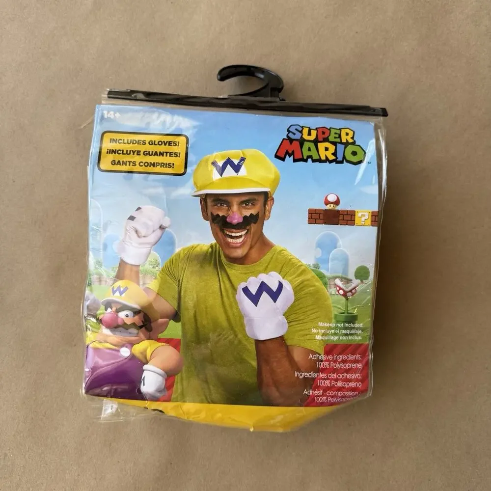 Disguise Super Mario Bros. Wario Adult Costume Gloves Hat Mens M Yellow T-shirt